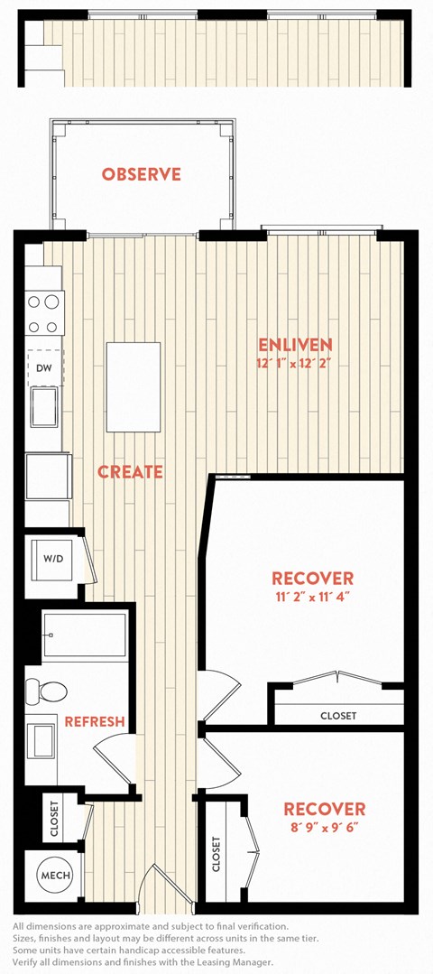Floor plan for 1 bed, 1 bath, 836 sqft